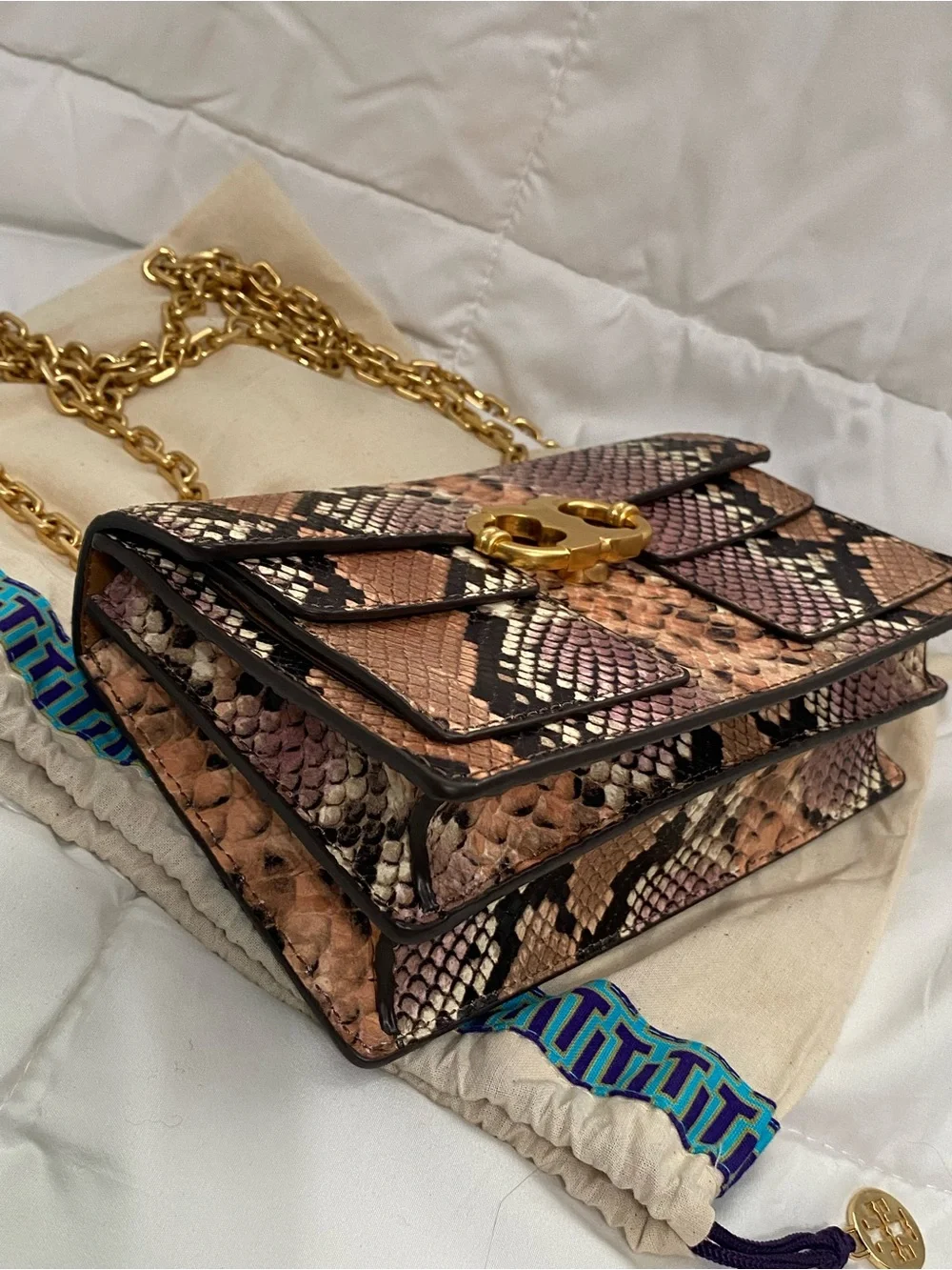 NWOT Tory Burch Pink Python Crossbody Bag Chain Strap Gemini Link Gold Hardware